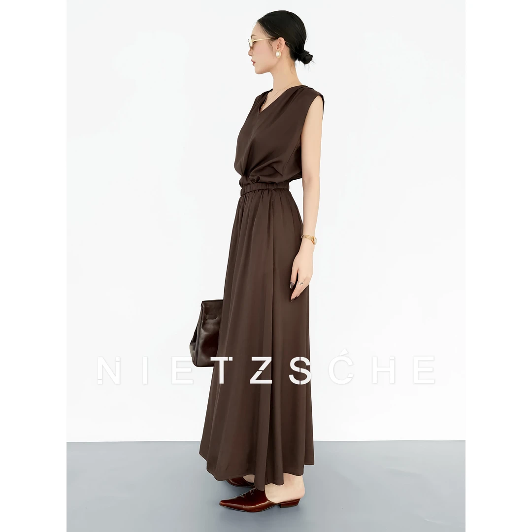 Nietzsche|冰咖裙|法式松弛律动纽结假两件活页式下摆连衣裙30040