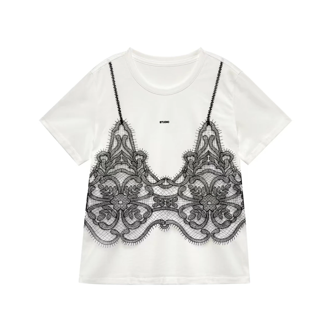 夏季时尚独特女士小众拼接t恤短袖113538