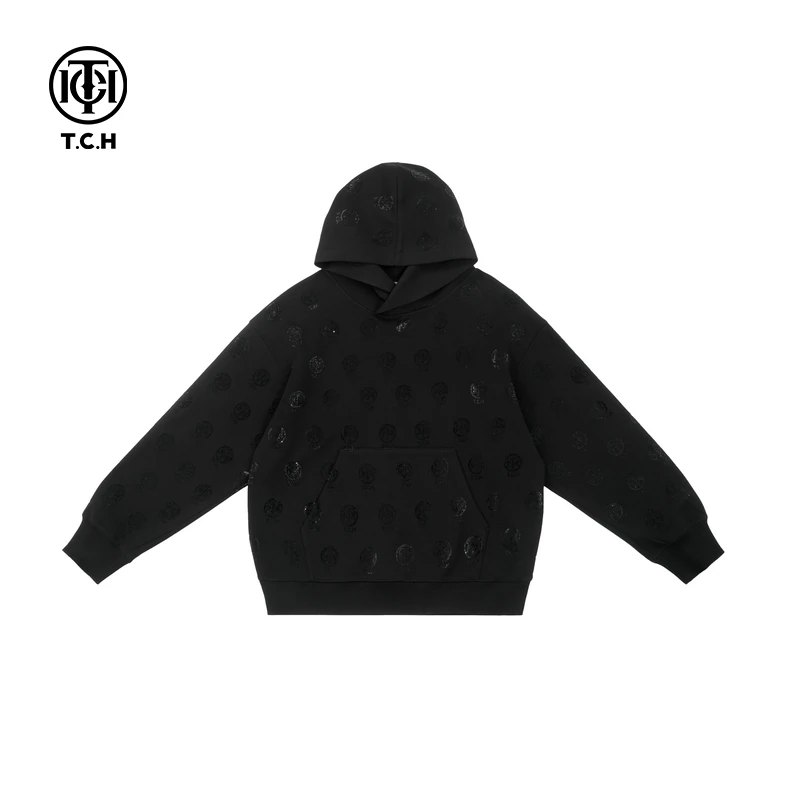轻奢-TCH潮牌烫钻满印连帽卫衣2024秋冬美式复古帽衫T72C126026