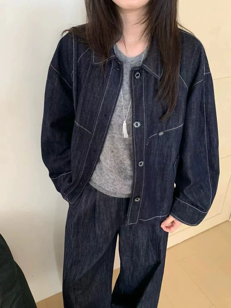 韩系复古明线设计翻领牛仔外套女2025秋季新爆款甜美显瘦夹克上衣