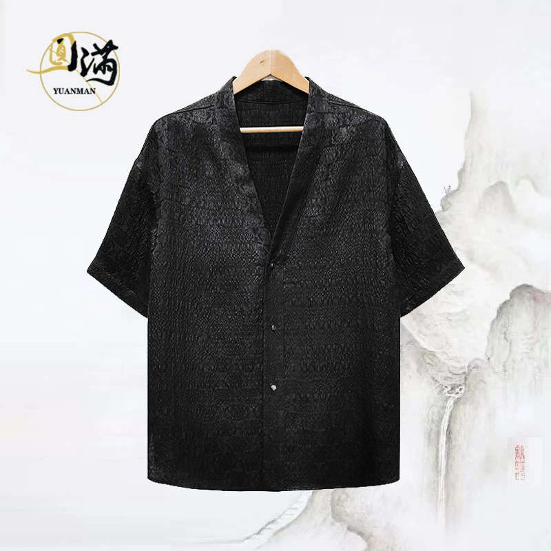 [圆满香云纱]桑蚕丝冠乐皱立体浮雕高级感休闲V领短袖衬衫KS5521