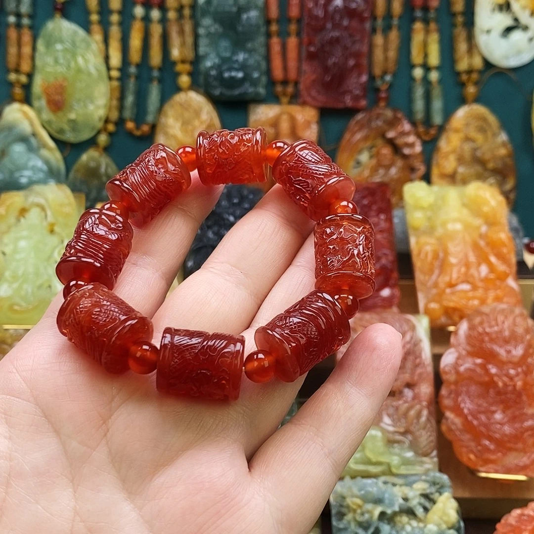 风***豪蛇纹石玉未镶嵌颈饰精品红冰龙柱手串