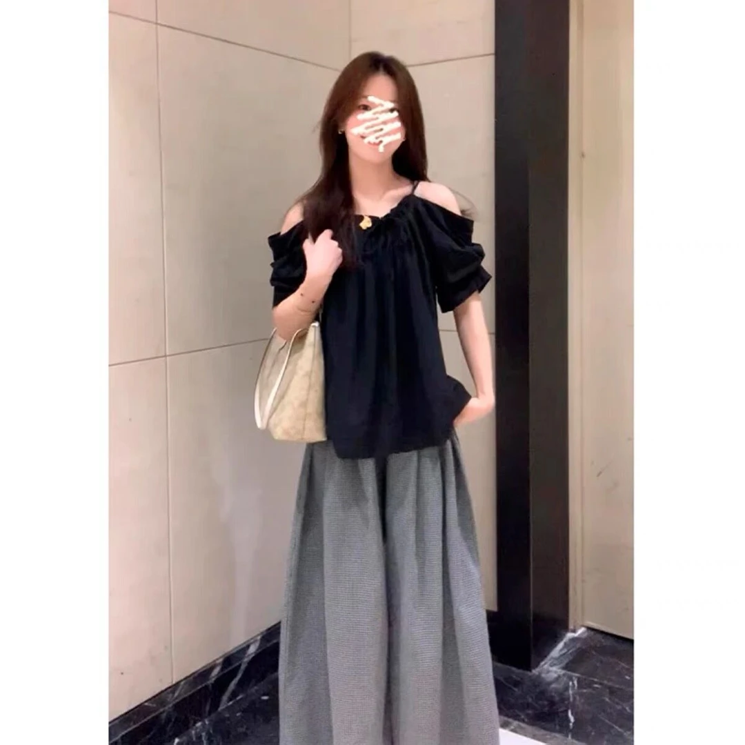 2025夏季新款女韩系设计感褶皱露肩短袖上衣气质高腰显瘦阔腿长裤