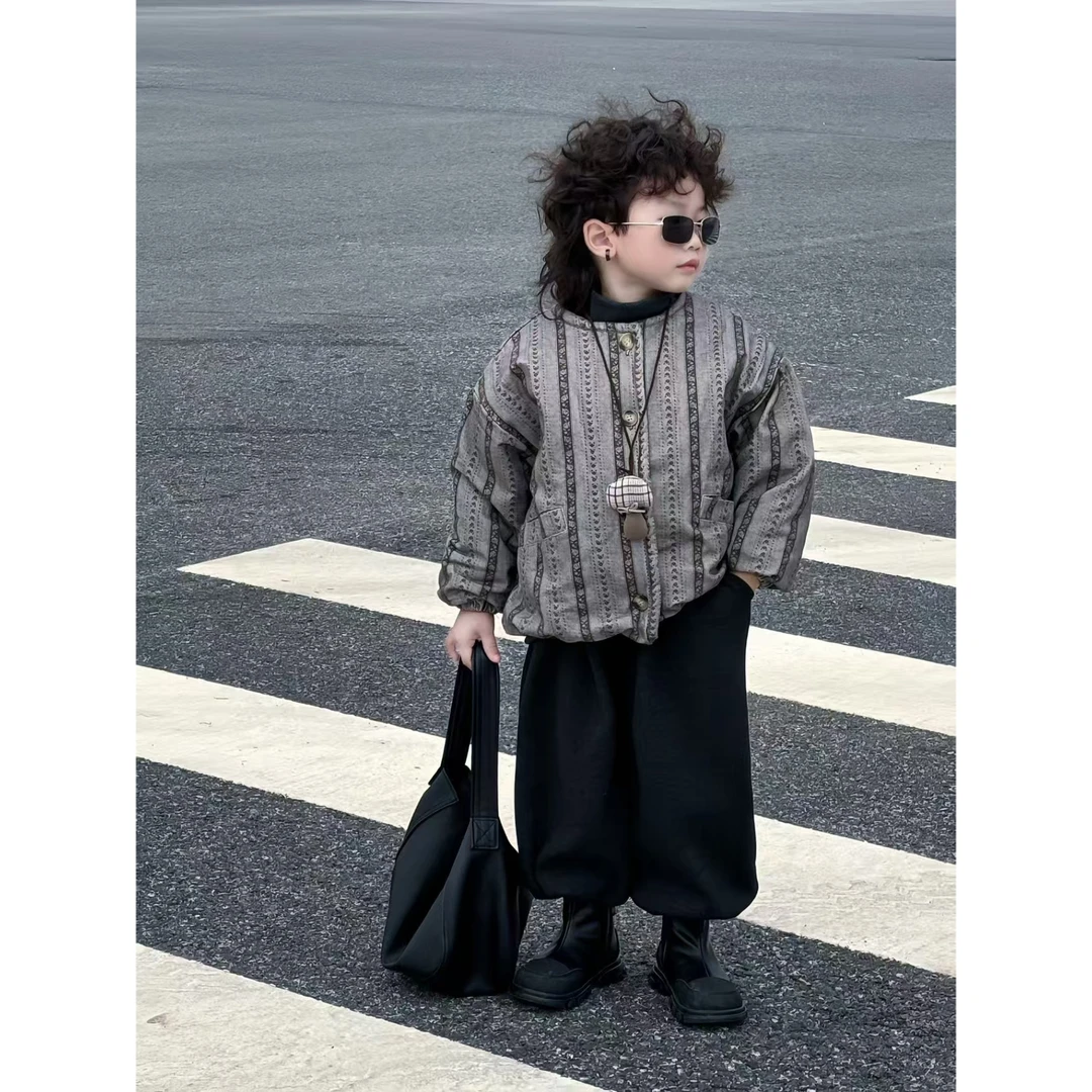 儿童秋冬新款套装条纹棉外套毛裤子男童韩版洋气潮酷三件套 YQ