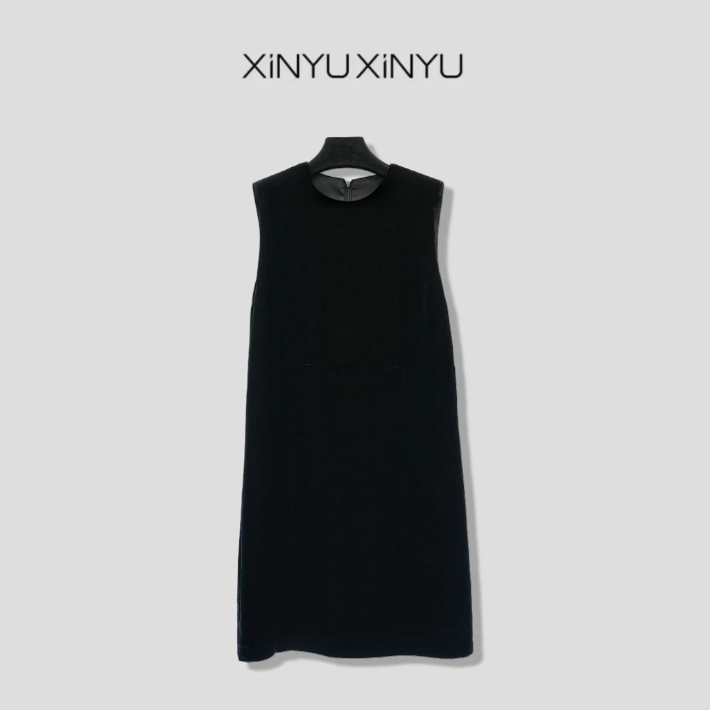 XINYU/芯与『小黑裙』气质显瘦真丝绒无袖连衣裙 37091 气质 轻奢