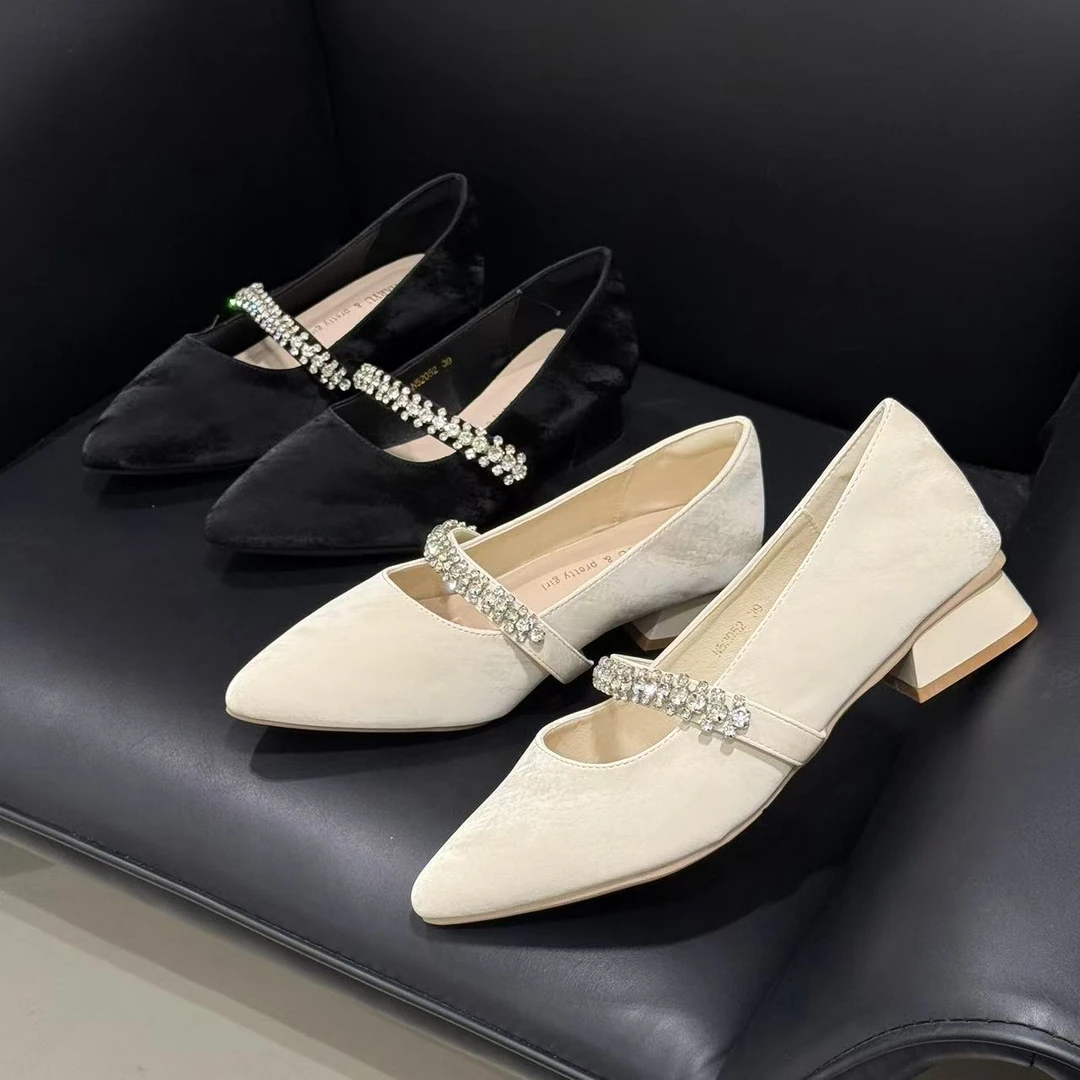 【胖福福大码女鞋】女鞋夏季新款仙女风玛丽珍水钻带尖头底跟