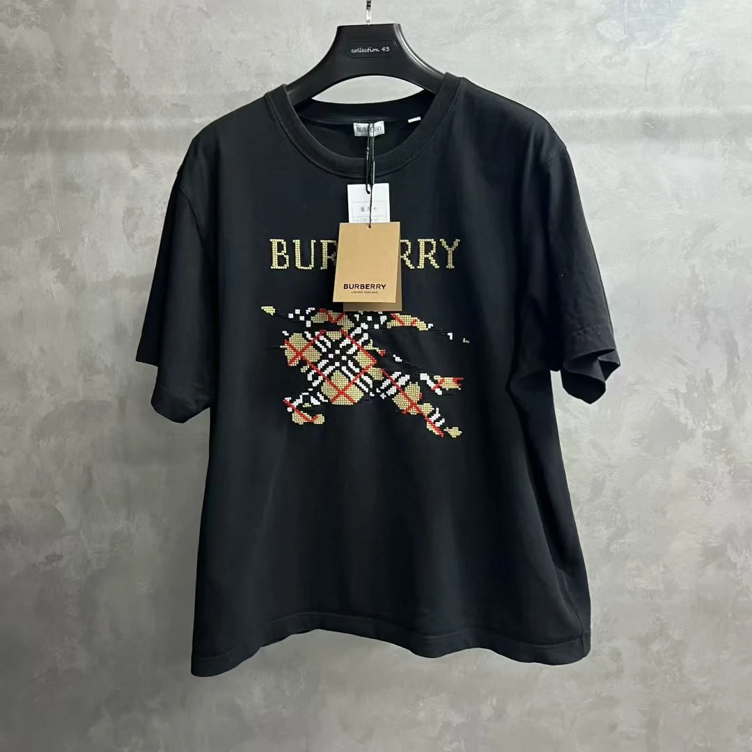 99新 BURBERRY/博柏利 黑色Logo格纹EKD棉质短袖T恤/xxl