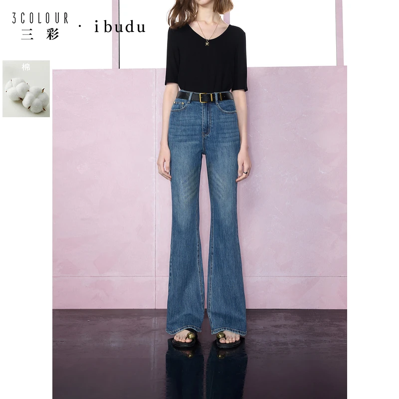 三彩ibudu2025春季新款微喇牛仔裤高腰修身长裤喇叭裤休闲复古女
