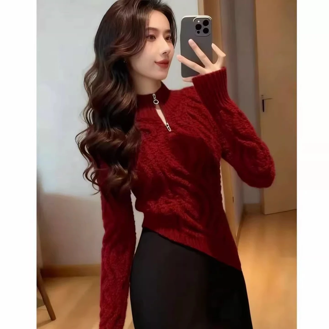 圣诞新年红色拉链镂空半高领毛衣女秋冬不规则修身显瘦麻花针织衫