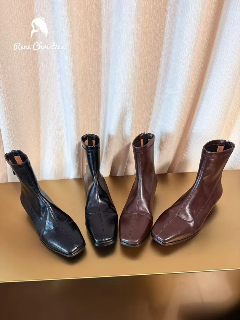 ReneChristine|2.5cm|冬季新款方头真皮低跟后拉链气质短靴
