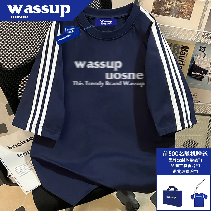 WASSUP UOSNE纯棉宽松短袖t恤男夏季新款休闲百搭三条杆半袖上衣