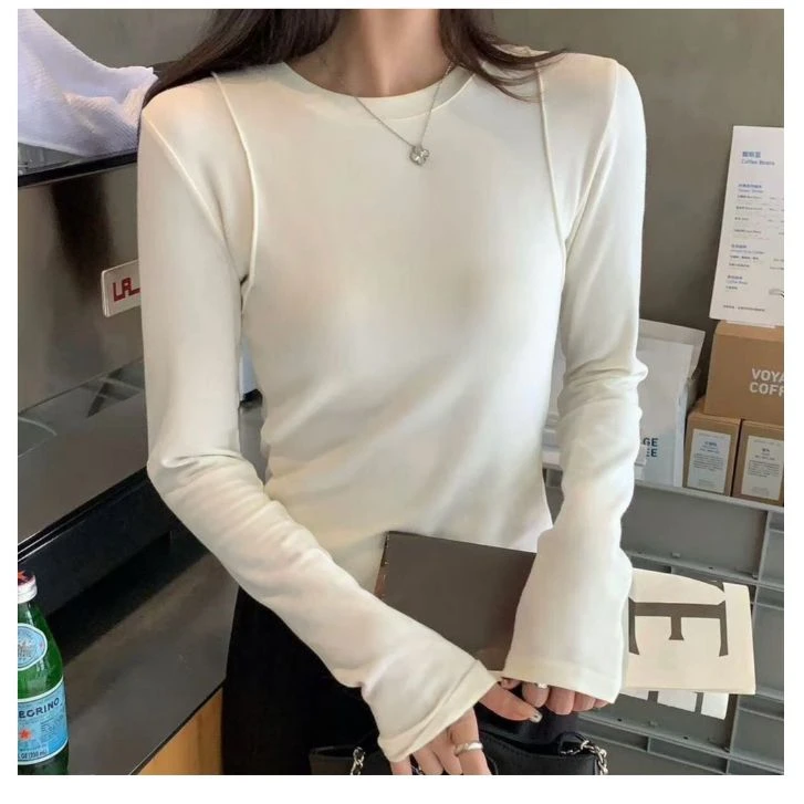 【肩膀拼接打底衫】Y韩系圆领德绒打底衫修身软糯长袖衫单穿外穿