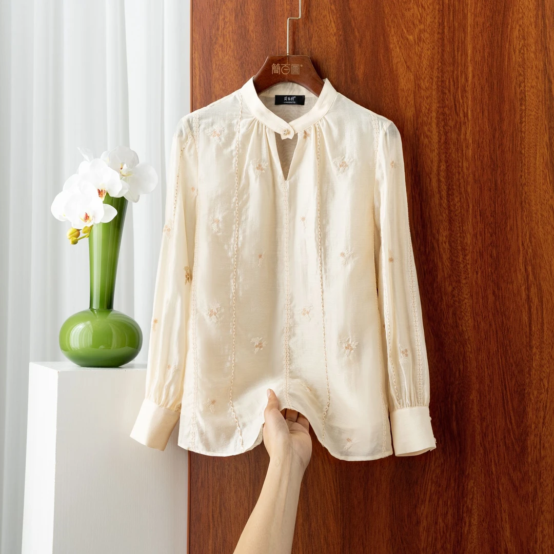 新中式国风衬衫设计师款小碎花刺绣绣花宽松长袖提花缎面衬衫