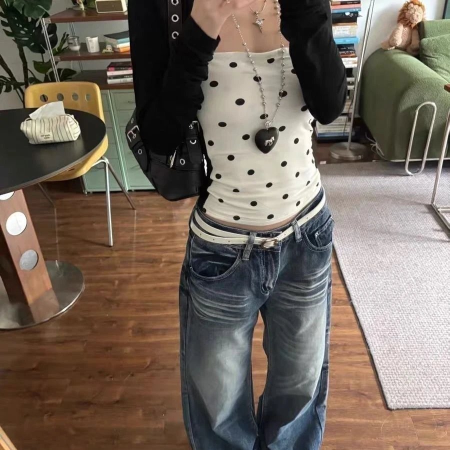 韩系波点假两件长袖T恤女早秋修身显瘦辣妹别致内搭打底上衣