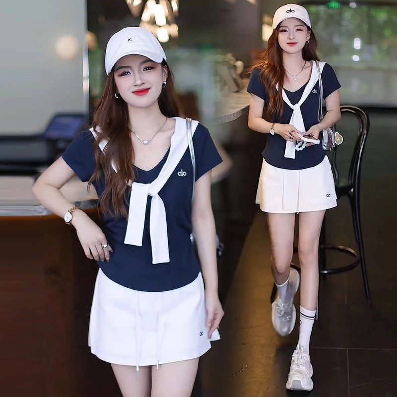 时尚休闲套装女夏季新款洋气显瘦V领假两件拼接披肩T恤裙裤两件套