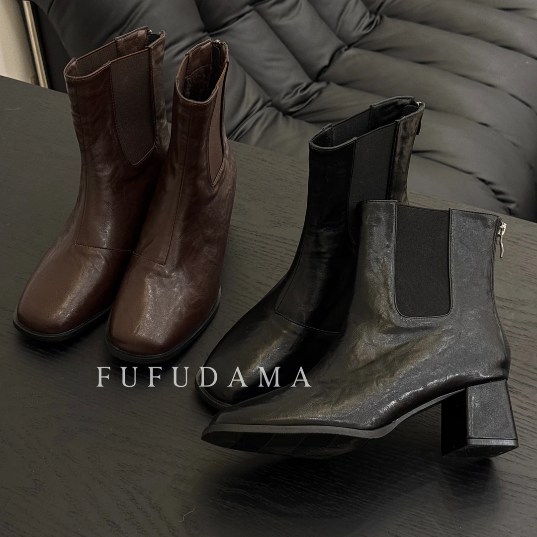 【胖福福大码女鞋】时尚复古新款切尔西女靴粗跟短靴女高跟马丁靴