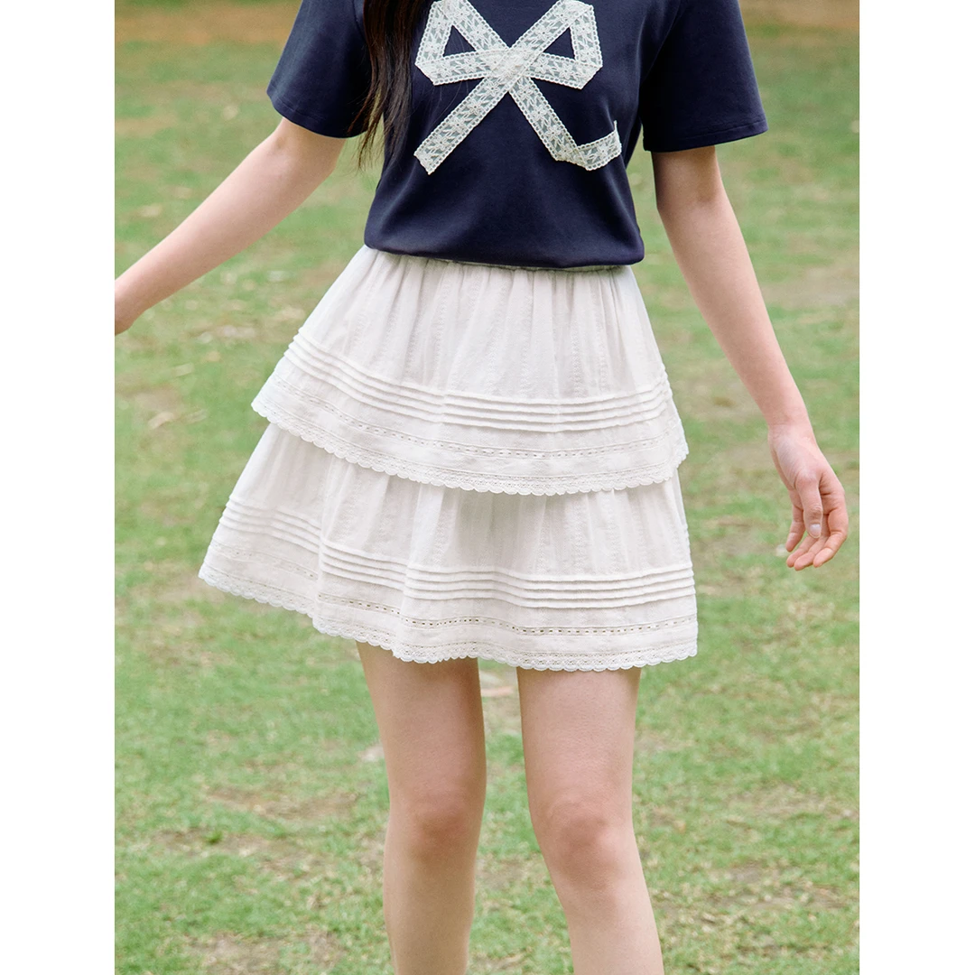 【欧若风新品】茵曼夏季甜美蕾丝高腰白色半身裙时尚百搭蛋糕短裙子