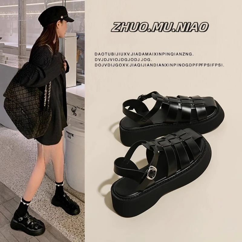 啄木鸟罗马包头凉鞋2025新款春夏松糕厚底英伦风休闲女鞋子配裙子