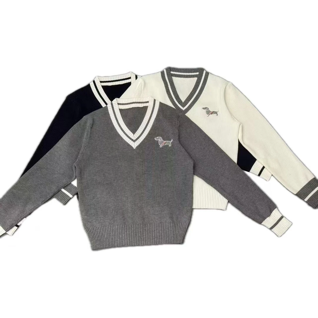 小狗刺绣V领纯色休闲百搭针织套头衫1100#