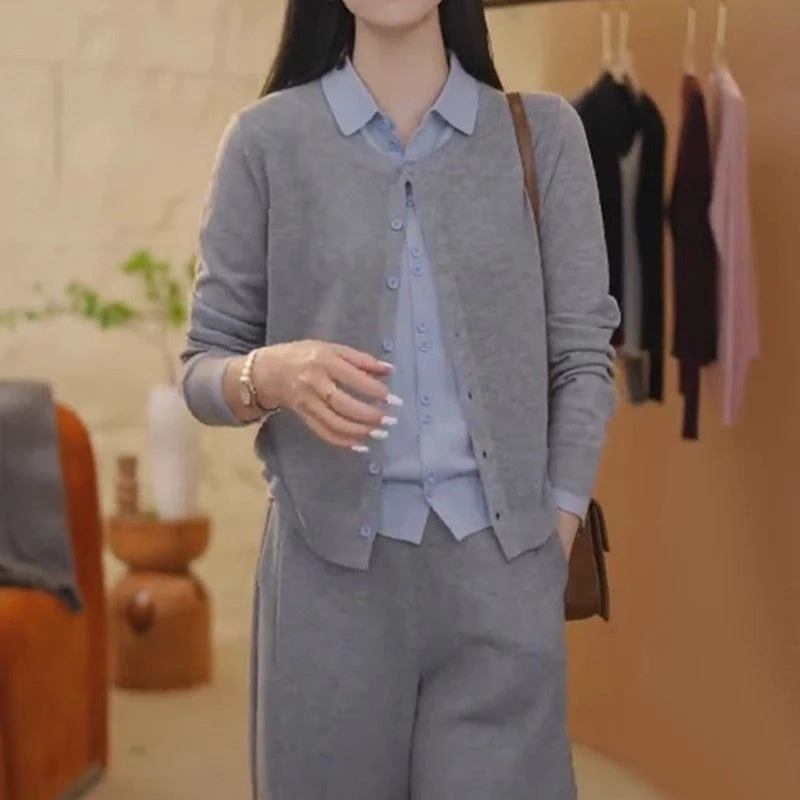 撞色POLO领长袖针织衫女秋季新款胖MM大码女装宽松显瘦假两件上衣
