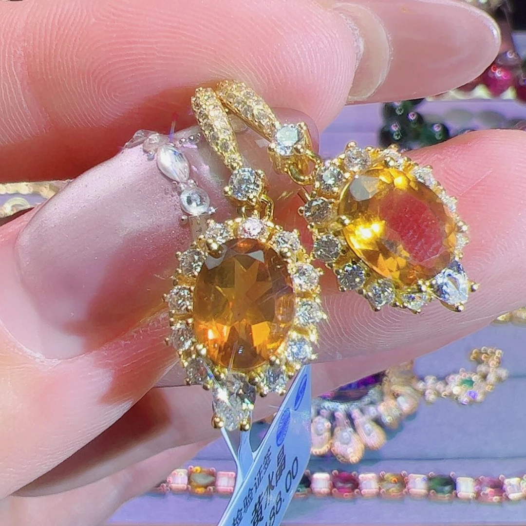 黄晶水晶耳钉银S925镶嵌