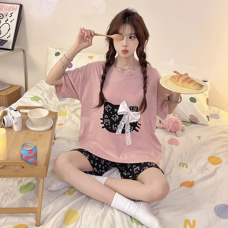 女士纯棉睡衣夏季短袖长裤卡通可爱宽松家居服套装