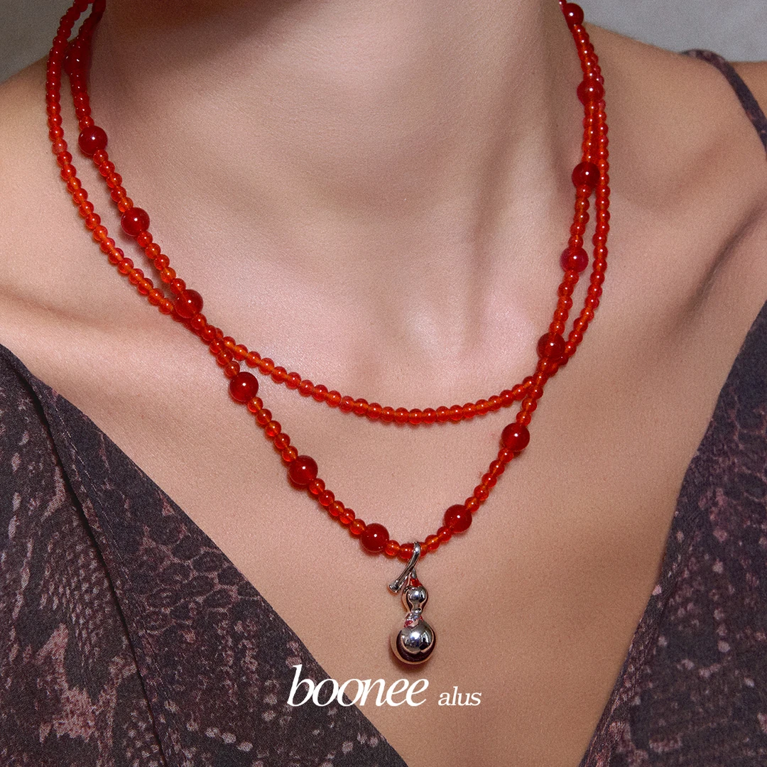 boonee alus 铜合金合成锆石项链 红色项链女双层叠戴葫芦颈链