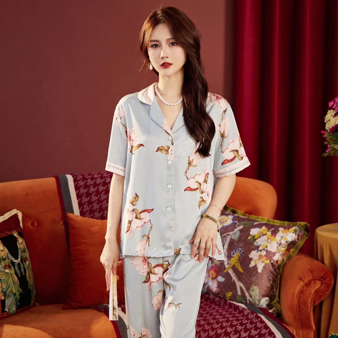 达芬奇密码欧若风春秋蓝花长袖短袖睡衣女宽松套装冰家居服套装