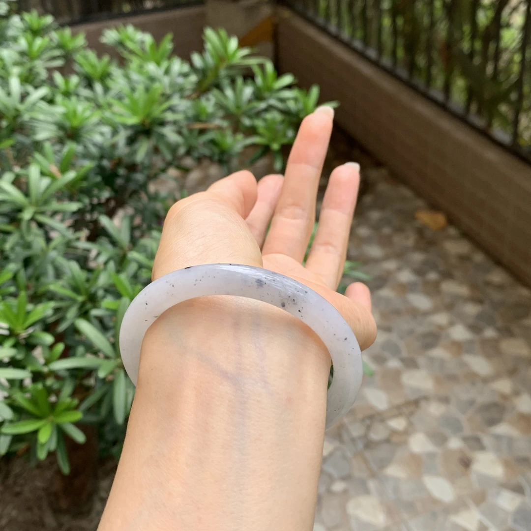 54.5圈3号圆条冰紫飘花乌鸡天然缅甸翡翠手镯A货特色稀少颜色有纹