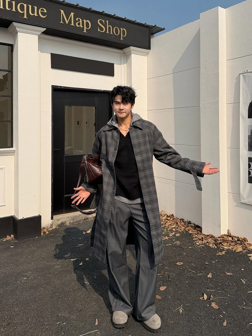 【伦敦夜晚】2025新款英伦风简约百搭风衣男高级感宽松格子