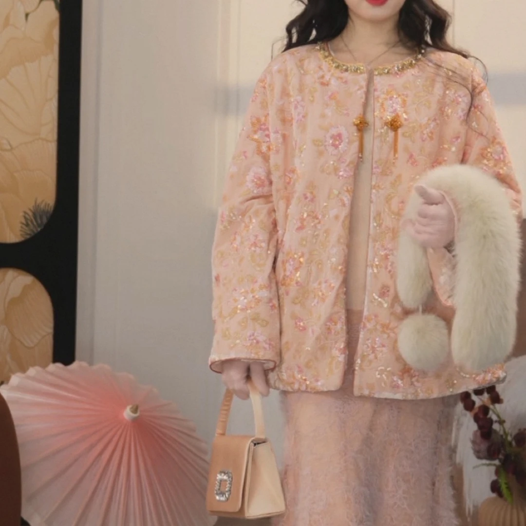 刺绣高品质秋冬中式棉袄加厚复古女装改良旗袍蚀骨夹棉外套