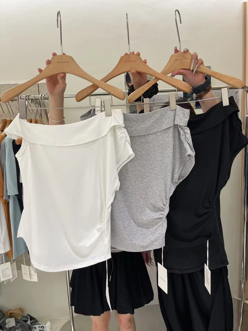 温柔瑶-MEET#设计感收腰显瘦一字领上衣#5636