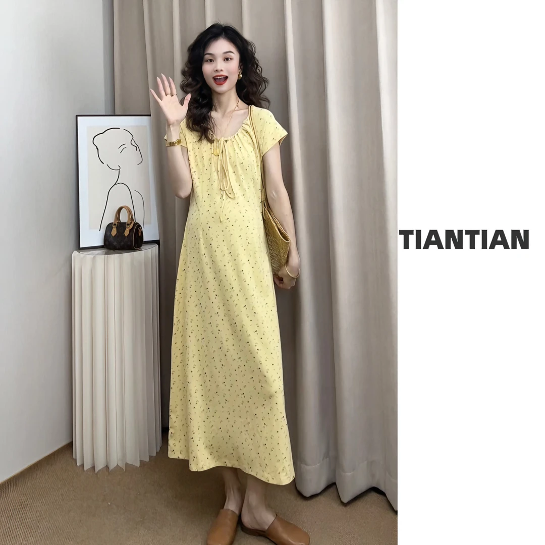 【恬恬】2025新款孕妇冰棉印花连衣裙温柔长裙#7856