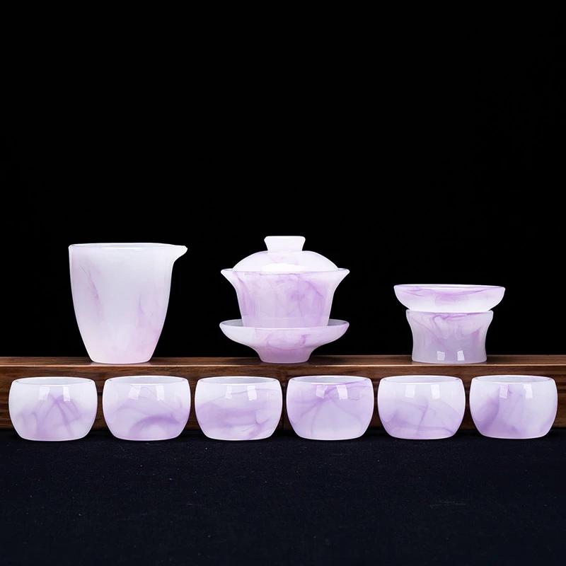高档冰种玉瓷琉璃茶具套装新款紫云紫青花功夫茶具家用办公室会客