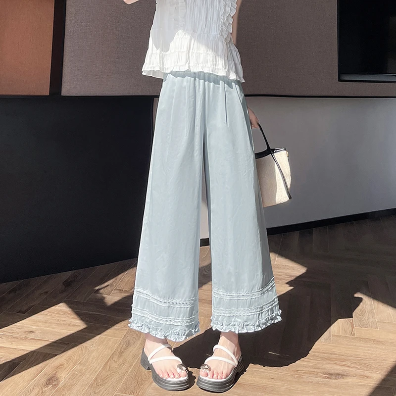 蕾丝花边勾花阔腿九分裤子女夏季2025新款宽松薄款小个子休闲裤
