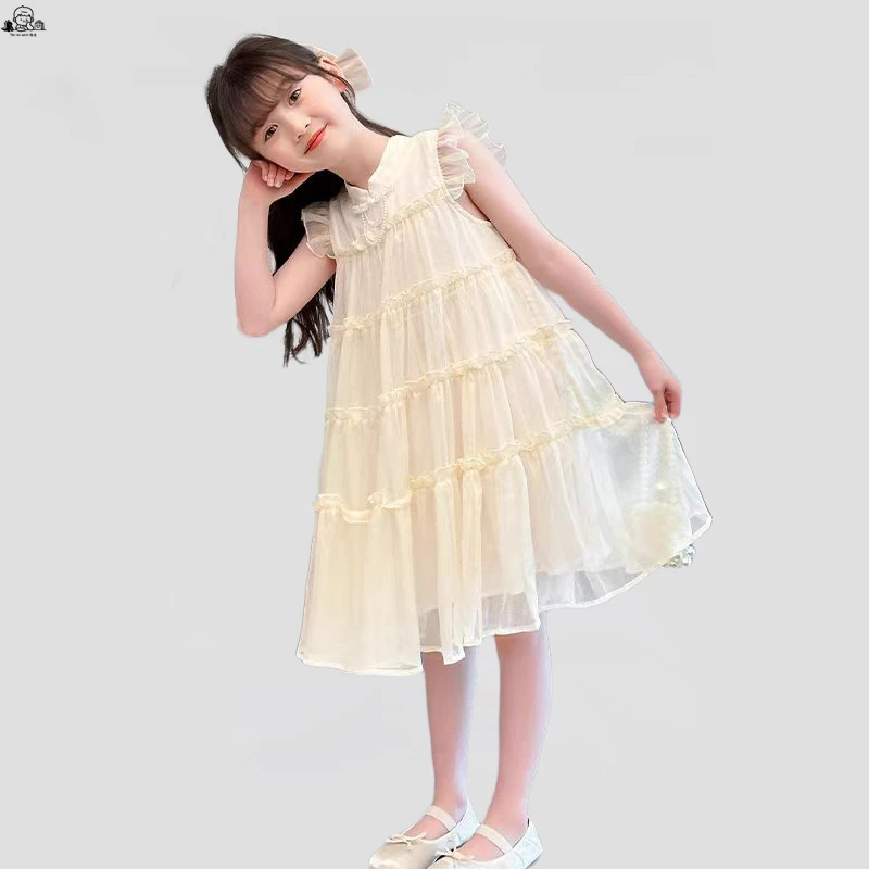 女童连衣裙夏季2025新款白色休闲舒适百搭网纱纯色小飞袖仙女裙