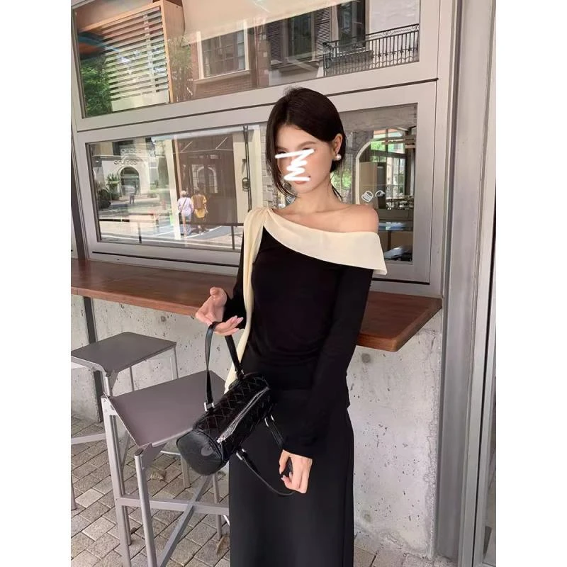 法式气质高级感套装拼接斜肩长袖T恤上衣女秋季缎面半身裙两件套