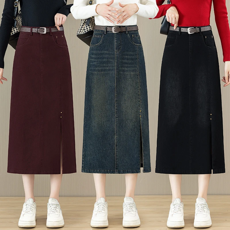 安可拉红开叉牛仔裙女2025秋季新款高腰显瘦秋冬中长裙A字半身裙