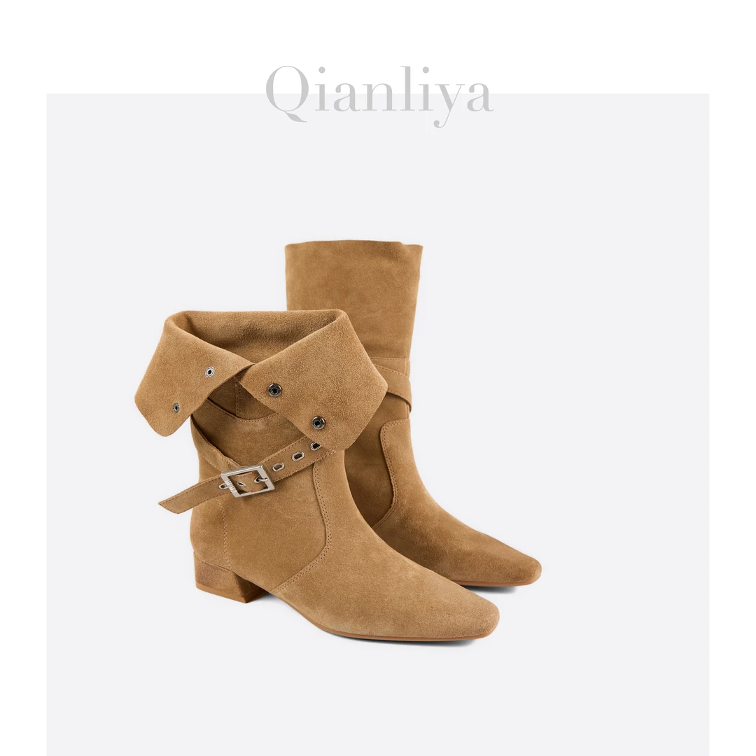 【QLY】—微颓废中筒靴两穿方头粗跟工业金属风时装靴子5469