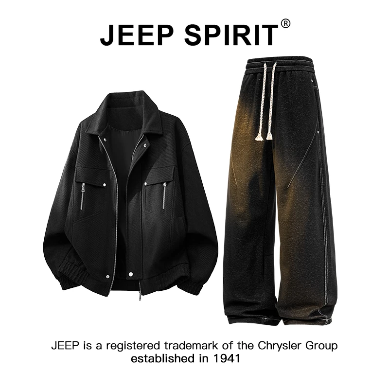 Jeep吉普2025秋季新款男士套装工装夹克外套直筒阔腿休闲裤两件套