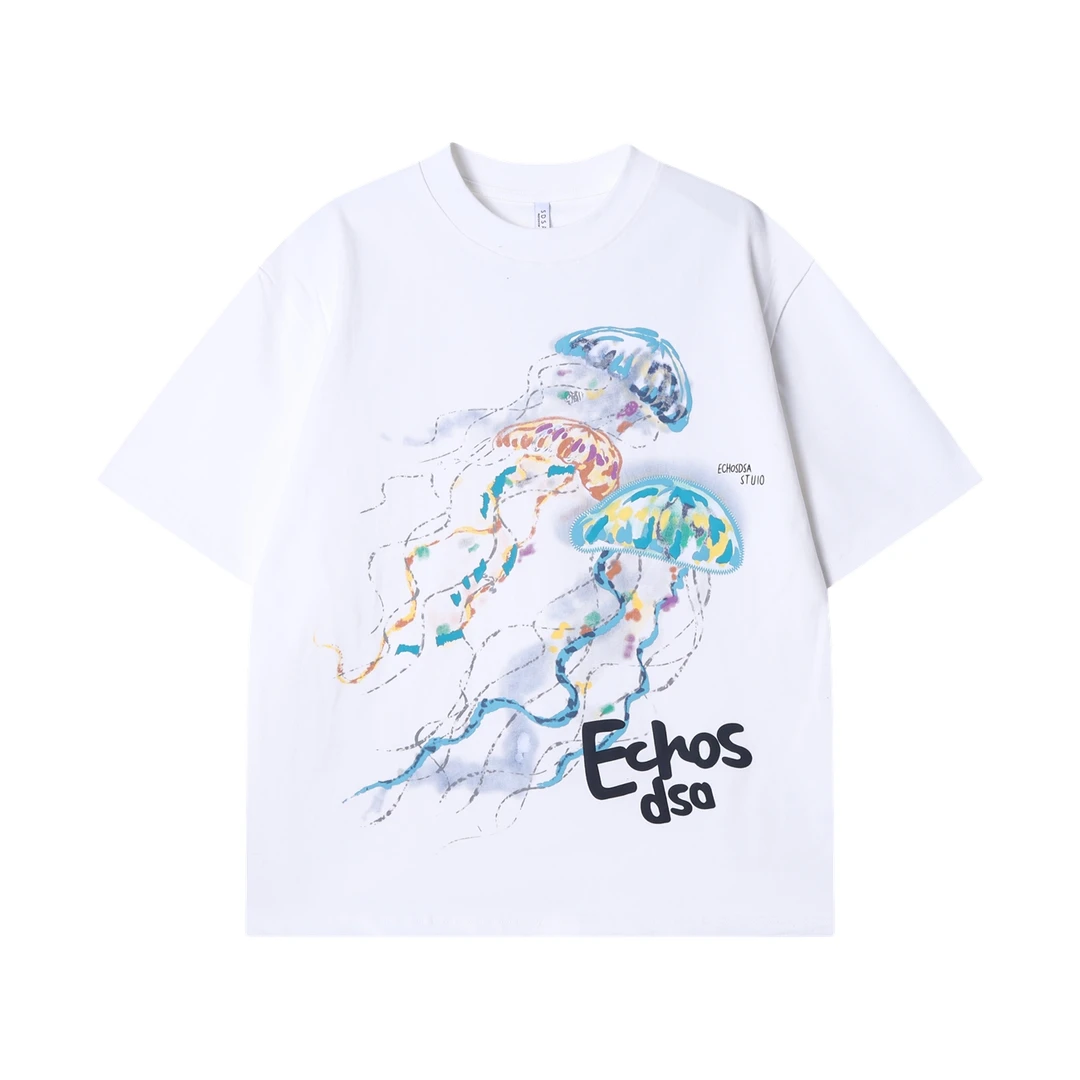 夏季高级感新款潮牌字母印花圆领短袖T恤彩绘水母百搭简约上衣