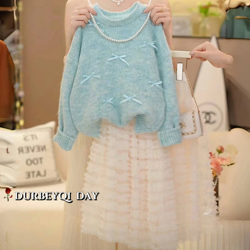 蓝色毛衣女童春秋2025新款洋气儿童韩系水貂绒圆领套头针织打底衫