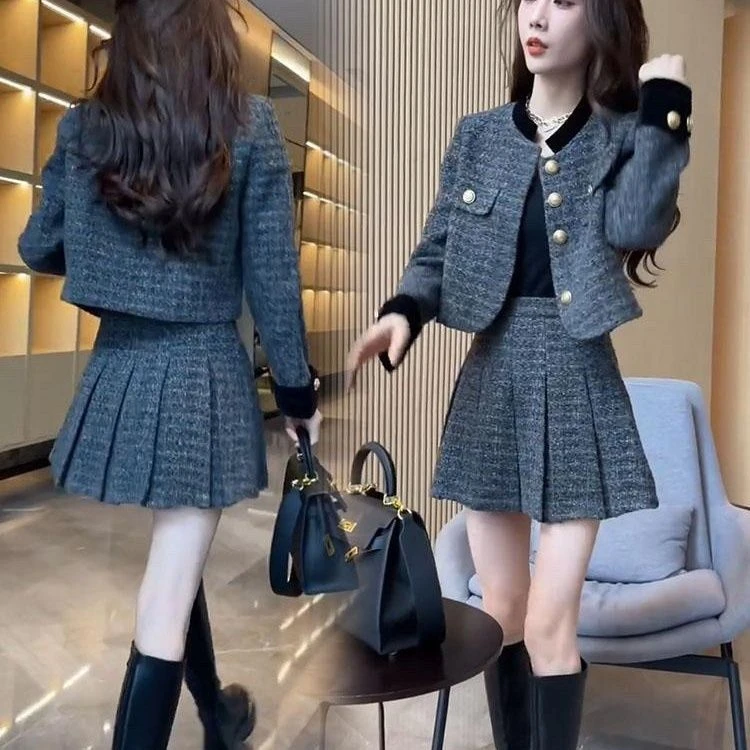 红色香风套装两件套春秋新款高级名媛外套2024百褶裙小香风套装裙