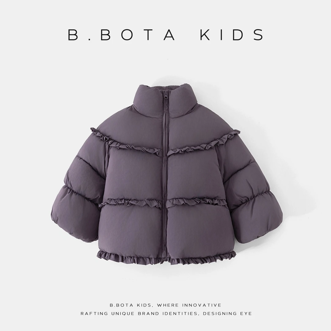 〖姐姐家〗2025冬款儿童休闲紫色泡芙花边百搭棉服外套-26022