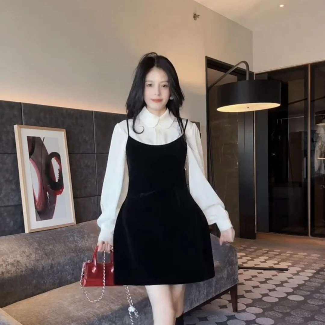 法式气质衬衫吊带裙套装时尚收腰显瘦丝绒裙两件套冬季新款洋气