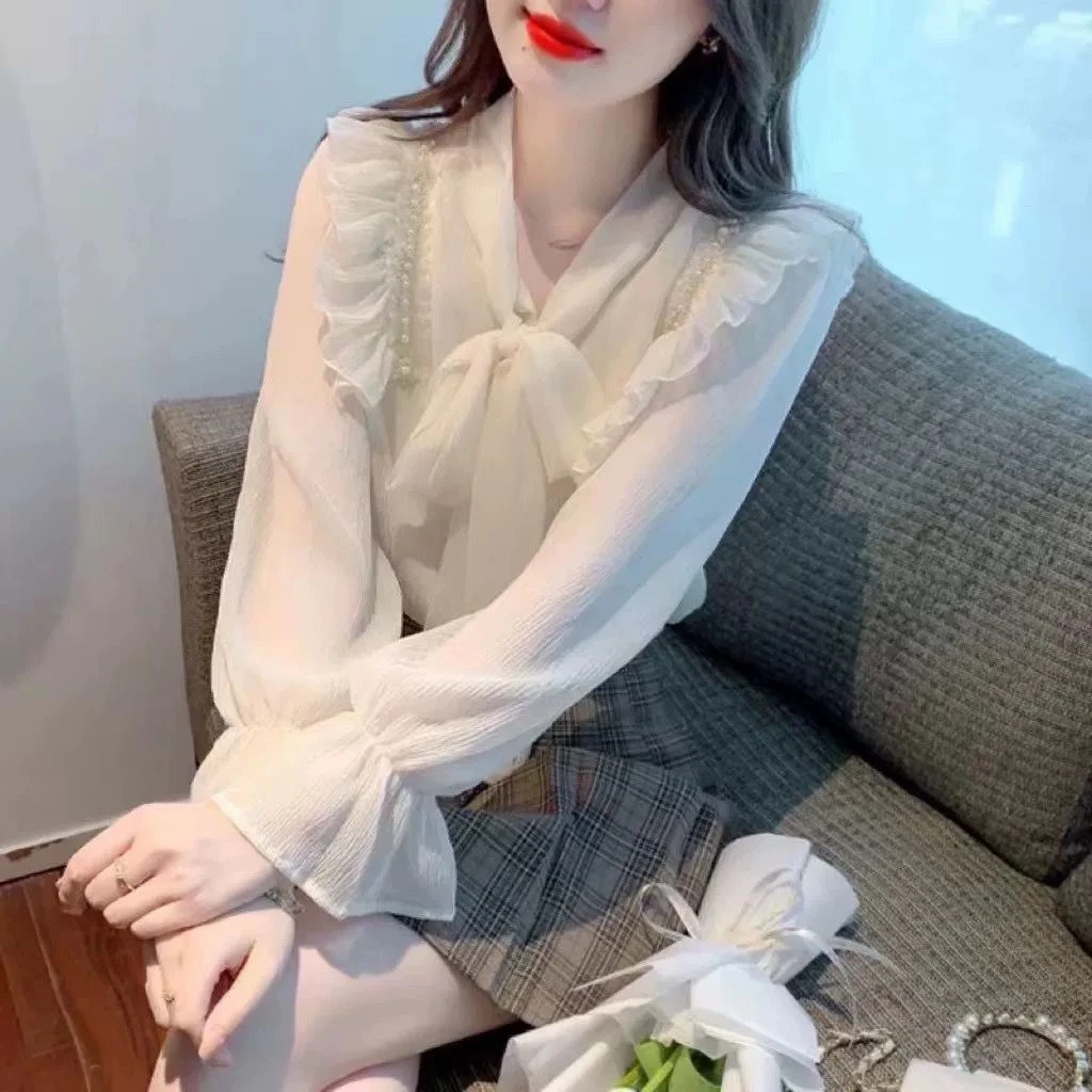 显瘦法式蝴蝶结甜美时尚法式钉珠雪纺衬衫雪纺衫洋气长袖11018