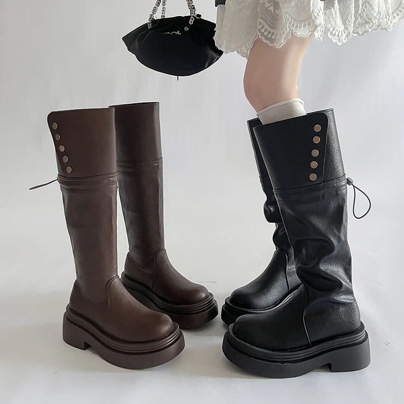 OJRZ复古英伦风复古折叠厚底长筒靴女过膝秋冬季新款时尚骑士靴