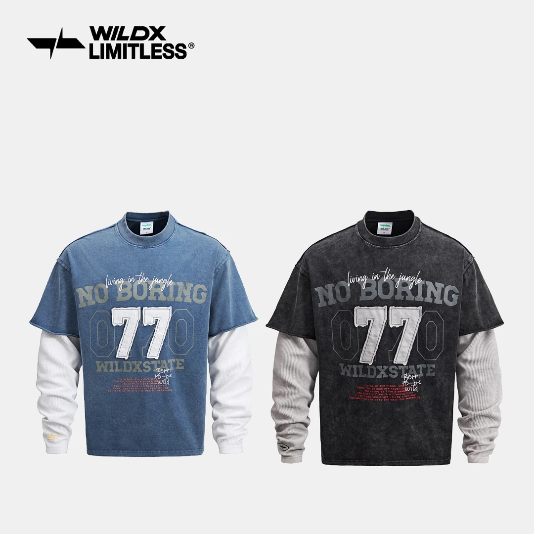 WildX「脉冲」77贴布破坏美式复古水洗做旧假两件长袖T恤vintage