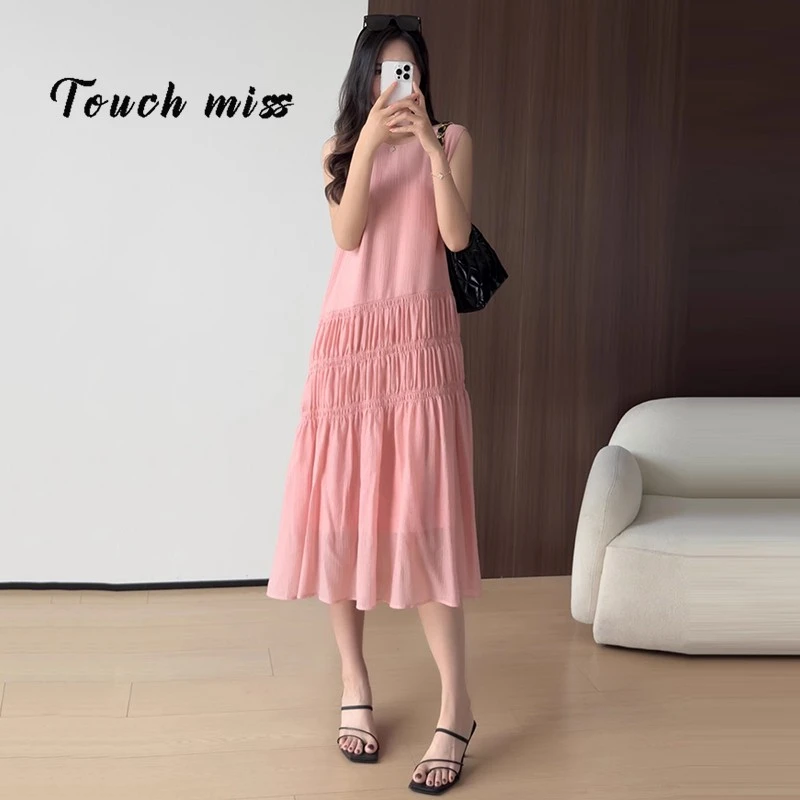 TOUCH MISS洋装女甜美无袖通勤圆领中长版夏季轻薄亲肤中长裙子