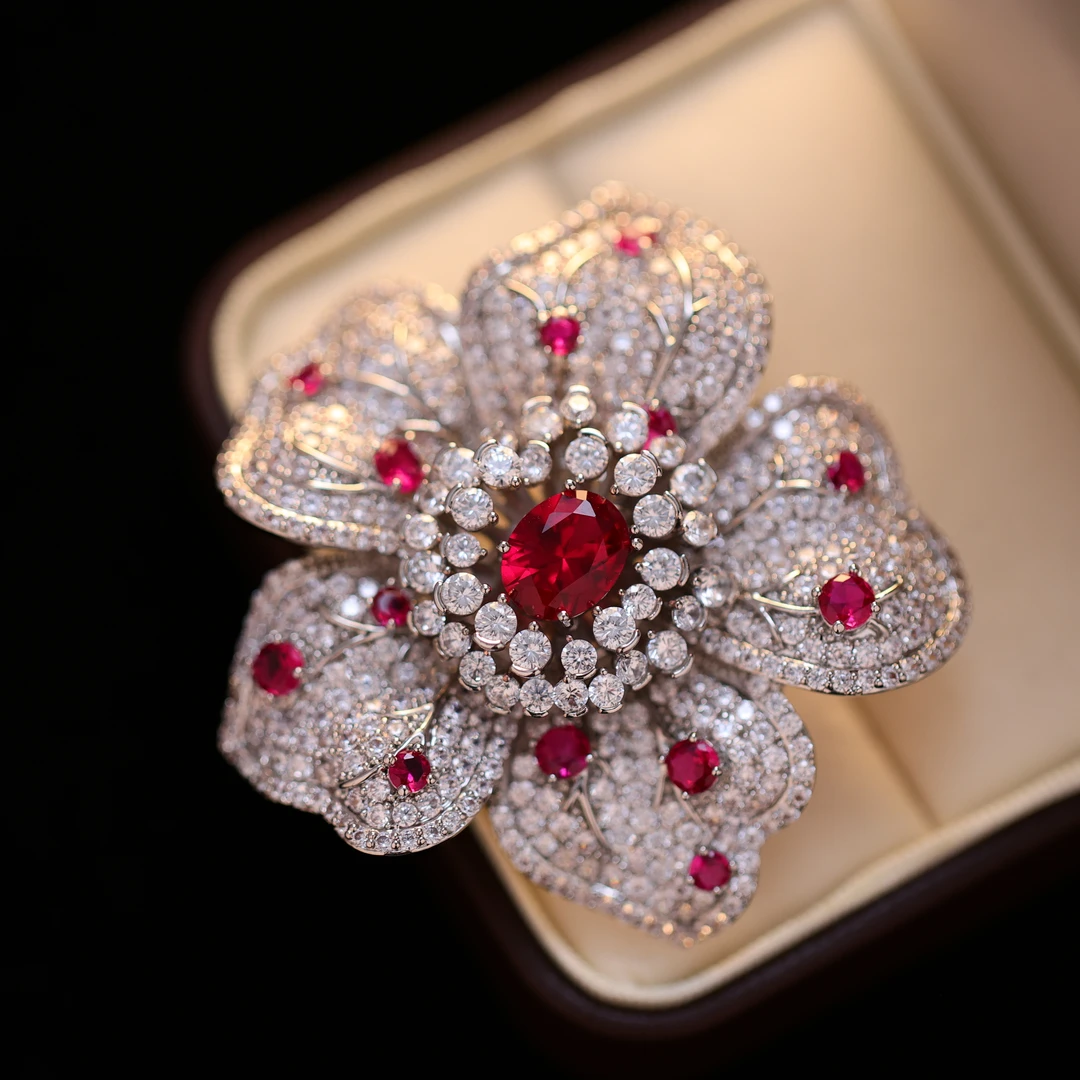 铜合金仿水晶胸针 澜七-红岗优雅复古时尚经典设计师款胸针-S2951